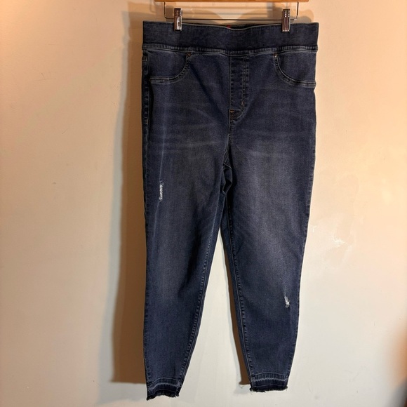 SPANX Sz 1X Pull On Jeans Skinny Distressed Mid-Wash Raw Hem High Raise Denim - Picture 2 of 12